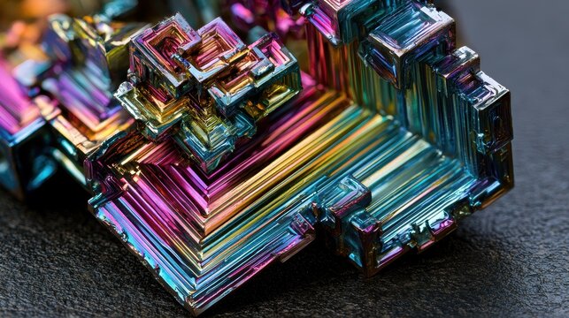 Macro close-up of iridescent bismuth crystals with rainbow facets and geometric stair-step structures