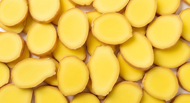 Fresh ginger root slices arranged in dense pattern for food background