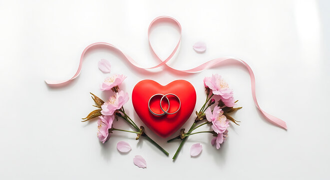 Wedding rings on red heart with pink cherry blossoms and ribbon