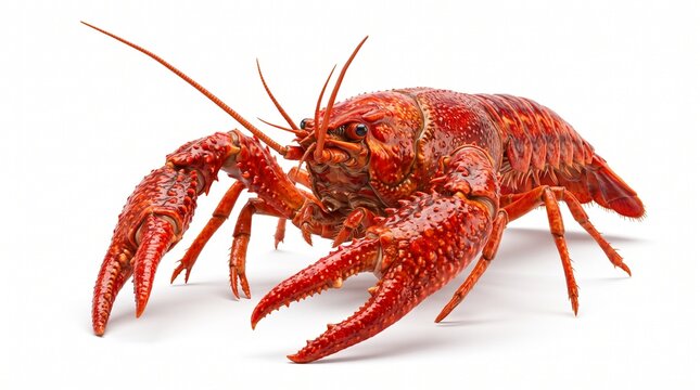 Fresh red cooked crayfish with large claws on a flat surface.