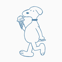 Hand drawn dog walking and eating ice cream cartoon character doodle illustration