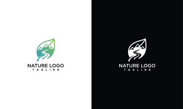 Nature Leaf Logo with Mountains and River Landscape Design