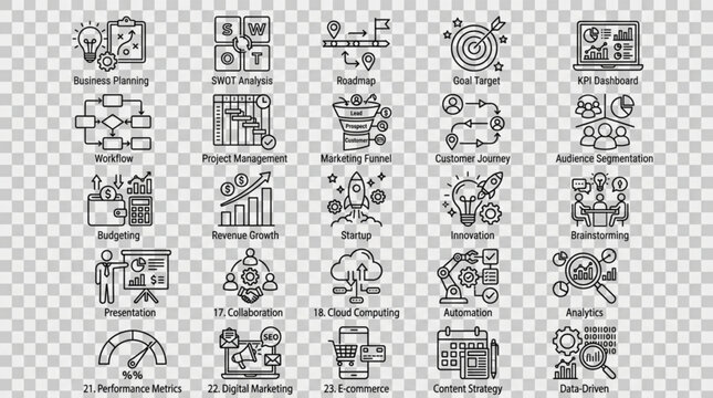 Tech and Business Line Icon Set &ndash; Minimalist Icons for Collaboration, Cloud Computing, and Automation (Graph, Server, Gear, Refresh, Network, Target, Settings) &ndash; Vector Illustration