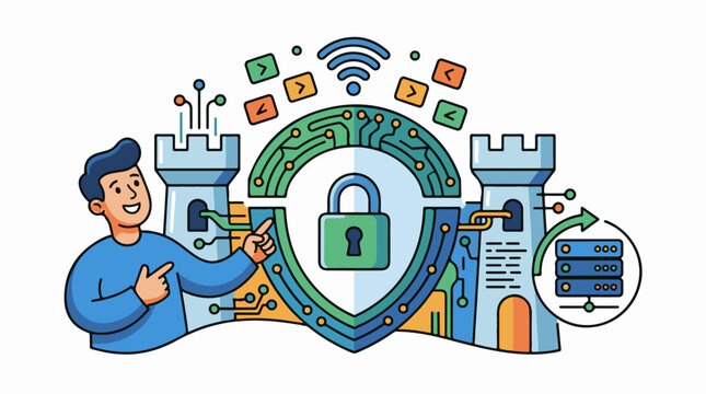 A man pointing at a shield with a lock surrounded by a castle and circuit boards