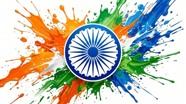 Vibrant Indian flag colors, a dynamic splash of orange, white, green, and blue paint, with the Ashoka Chakra at the center, celebrating India's independence and republic day
