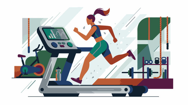 A woman runs on a treadmill in a gym with exercise equipment around her