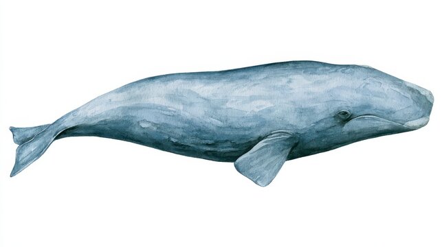 Marine mammal watercolor painting of a baleen bowhead whale with a clean backdrop