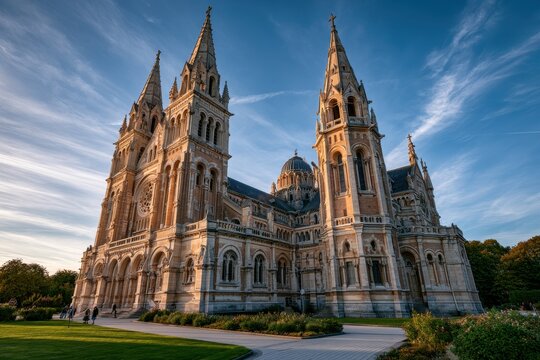 Low-angle wide shot of a limestone church with spires in Lisieux, Normandy
