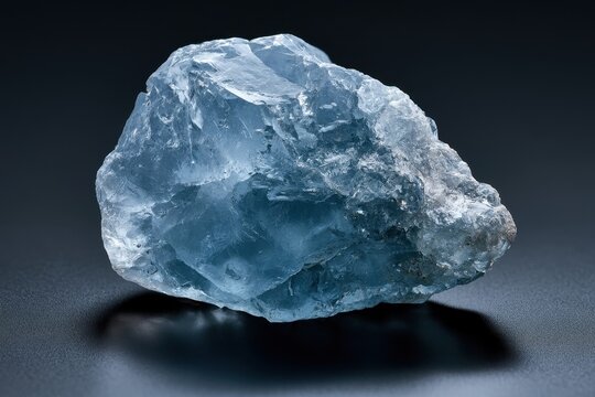 Minimalist blue celestite stone against a dark background with soft lighting