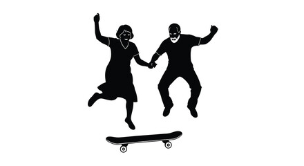 Jumping couple with skateboard black silhouette against a white background silhouette pair people man woman elderly senior skateboarding skateboard board © Moriom
