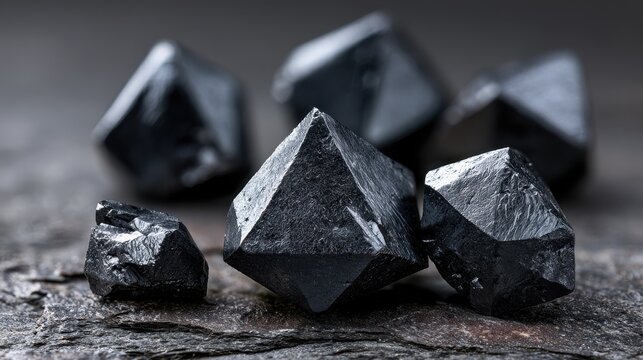 Isolated mineral specimen featuring large magnetite crystals with sharp facets on slate