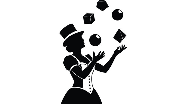 A juggler tossing cubes and spheres in a dark silhouette against a white background silhouette performance artist entertainer circus show
