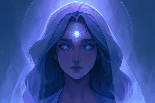 Mystical three-eyed woman: ethereal portrait with pineal glow
