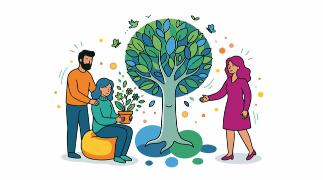 A colorful illustration of three people and a tree with leaves and butterflies