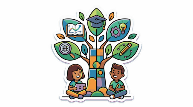 A colorful illustration of two children sitting at the base of a tree with educational symbols