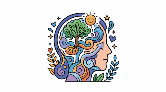 A colorful illustration of a human head with a tree and sun in its brain