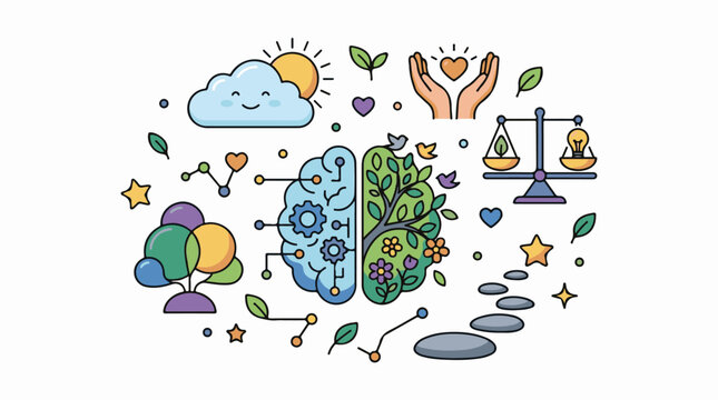 A colorful illustration of a brain with a green tree and gears surrounded by various symbols
