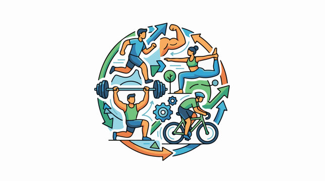 A colorful illustration depicts people engaging in fitness activities within a circular frame