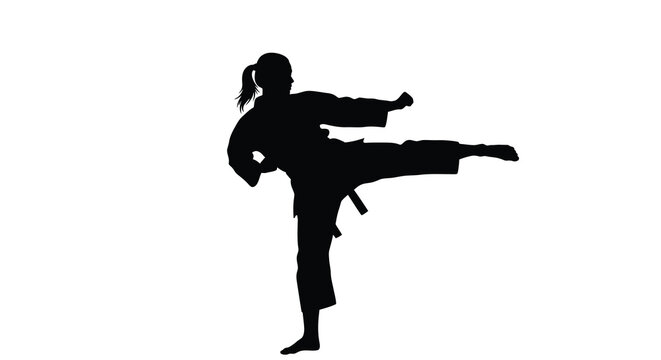 Karate practitioner executing a kick in dynamic pose black silhouette against a white background silhouette martial arts fighter athlete training exercise