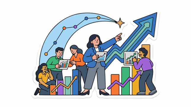 A colorful illustration depicts a diverse group of five people analyzing data and graphs