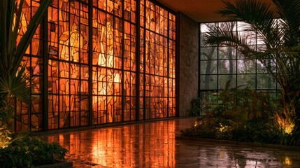 Fototapeta premium Warm-toned stained glass installation with figure motifs in a Toluca cultural and botanical venue