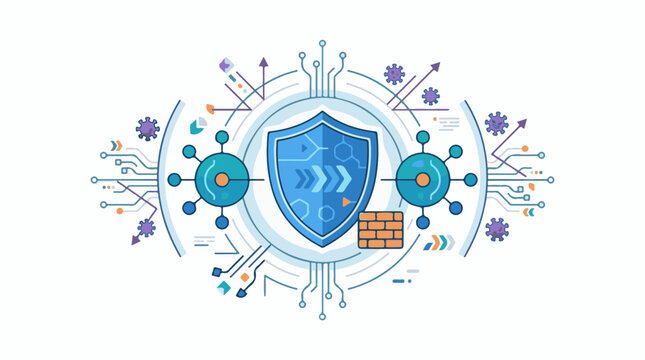 A blue shield surrounded by circuit board elements and virus symbols