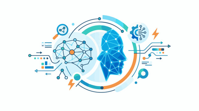 A blue human head in a circular graphic with various symbols and lines