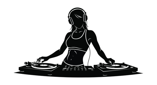 A female dj with headphones operating turntables in a black silhouette woman girl deejay music audio sound earphones turntable mixer
