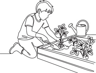 boy kneeling and planting flowers in garden box