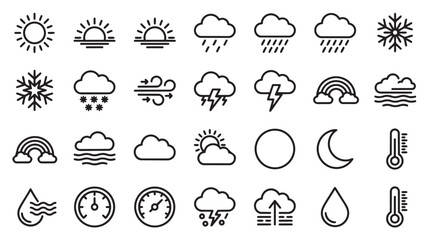 Fototapeta premium Weather forecast and meteorological symbols outline icon collection with forecast meteorology lightning