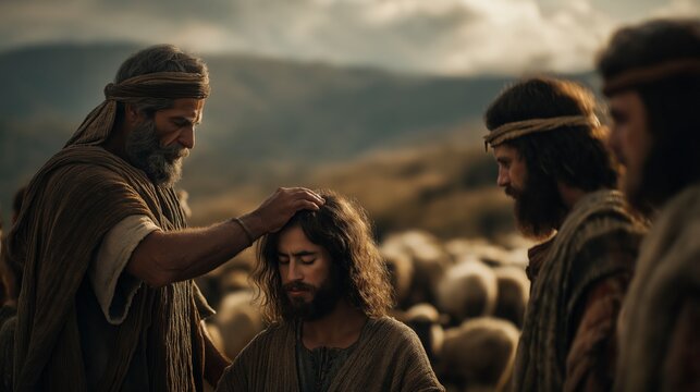 Samuel anoints young David before his family as God chooses a shepherd to become Israel&rsquo;s future king, while his brothers stand watching in the fields.