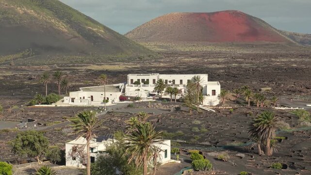 Historic white winery stands among black volcanic vineyards in Lanzarote, Canary Islands. 4K drone captures exotic palm trees and rural Spanish agriculture near red crater in Lanzarote