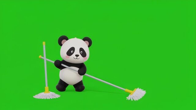 Cute panda character cleaning with broom on green screen background during daytime
