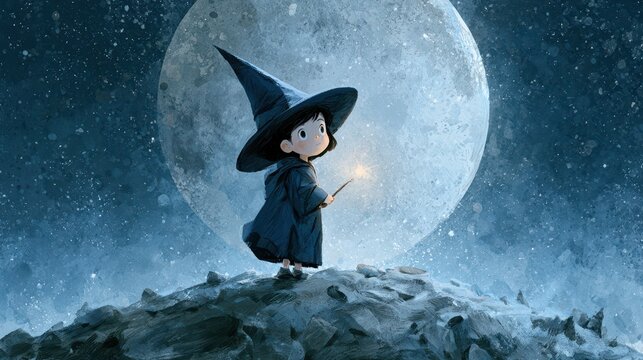 Ni&Atilde;&plusmn;a bruja en la luna: ilustraci&Atilde;&sup3;n m&Atilde;&iexcl;gica de una joven hechicera sobre la superficie lunar