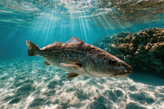 Underwater scene showing a croaker fish with mottled scales and reef backdrop