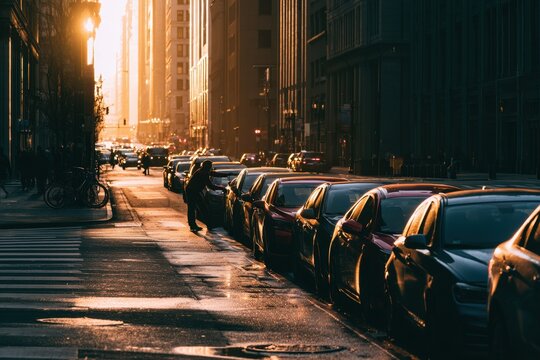 Parallel parking along a city curb: urban street scene with parked cars and pedestrians