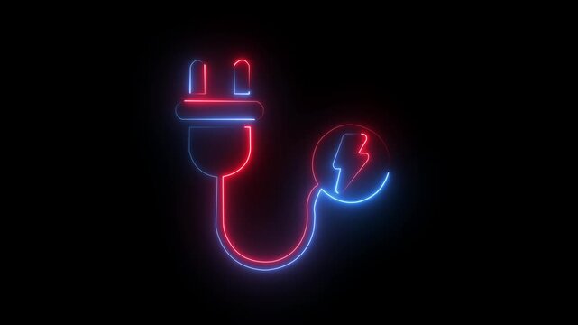 Glowing neon electric plug and lightning bolt power charge icon isolated on black background, neon power icon animation in black background. neon animation in power icon .