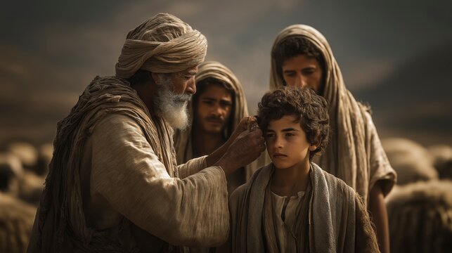 Samuel anoints young David before his family as God chooses a shepherd to become Israel&rsquo;s future king, while his brothers stand watching in the fields.