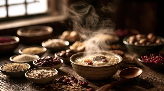 Steaming laba porridge with a colorful assortment of healthy cereals on a rustic wooden table