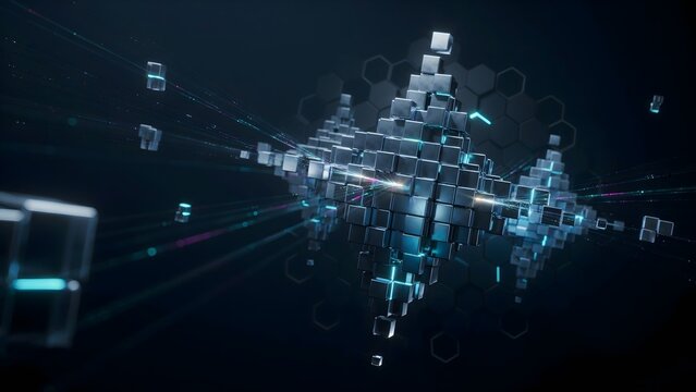 Metallic cube cloud cluster with data streams &ndash; Great for modular database systems, blockchain engineering, or digital transformation promos.