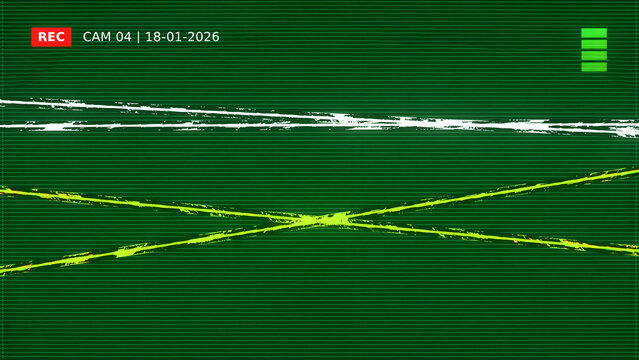 Abstract digital surveillance footage background with green scanlines and glowing laser lines crossing in a dark environment