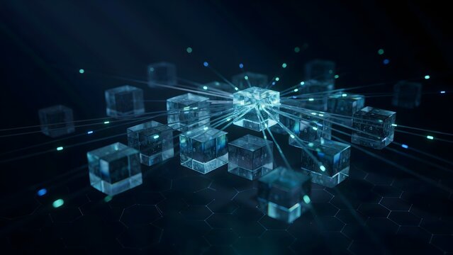 Translucent glass cubes with fiber optic strands &ndash; Great for fiber broadband marketing, high-speed data transfer, or quantum computing.