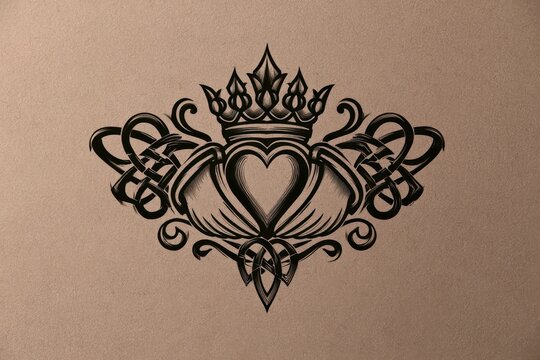 Ink drawing of a Claddagh tattoo featuring heart, hands, and crown with Celtic patterns