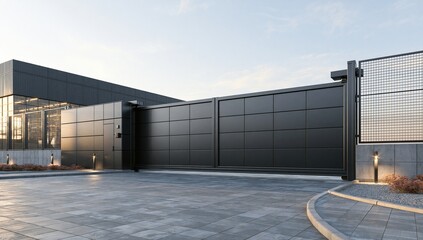 Fototapeta premium Modern industrial warehouse building facade with gates and courtyard