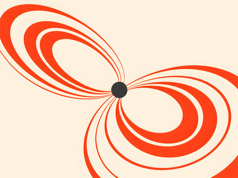 Abstract Graphic Illustration Featuring Orange Curved Concentric Geometric Orbits Around A Central Solid Dark Circular Sphere Point
