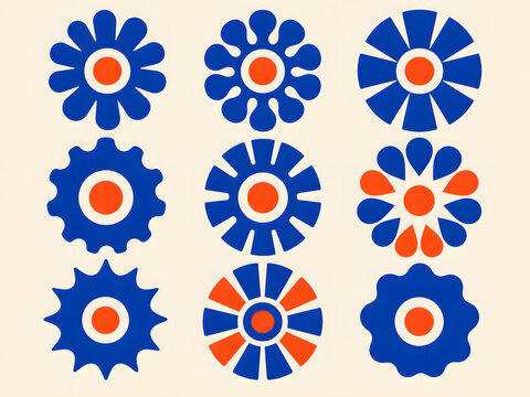 Set of Minimalist Geometric Flower Icons Featuring Stylized Blue and Orange Botanical Shapes for Modern Graphic Design and Decorative Patterns
