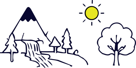 Stylized handdrawn illustration of a mountain landscape with a waterfall and a sun © Sourav Sou
