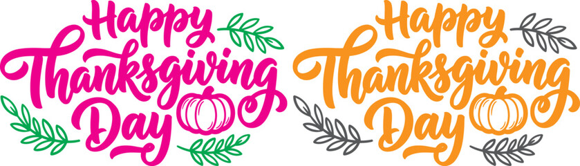 happy thanksgiving lettering calligraphy text brush vector Eps. Happy thanksgiving day typography colorful lettering with pumpkins and foliage © Sajminnahar