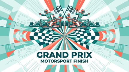 Obraz premium Grand Prix Motorsport Finish Celebration With Racing Cars And Chequered Flags