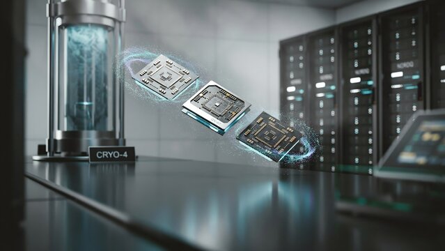 Chrome and sapphire processors with particle spirals &ndash; Suitable for deep tech innovation, cryogenic computer engineering, or sci-fi graphics.